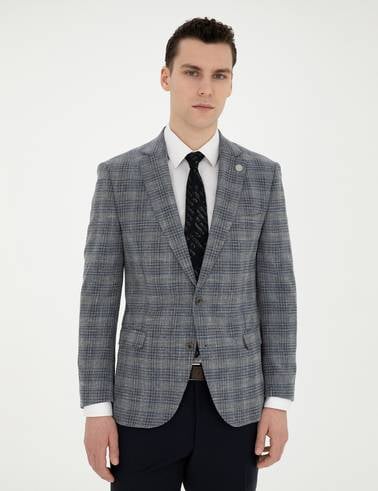 Gri Ex. Slim Fit Yün Karışımlı Ekose Ceket