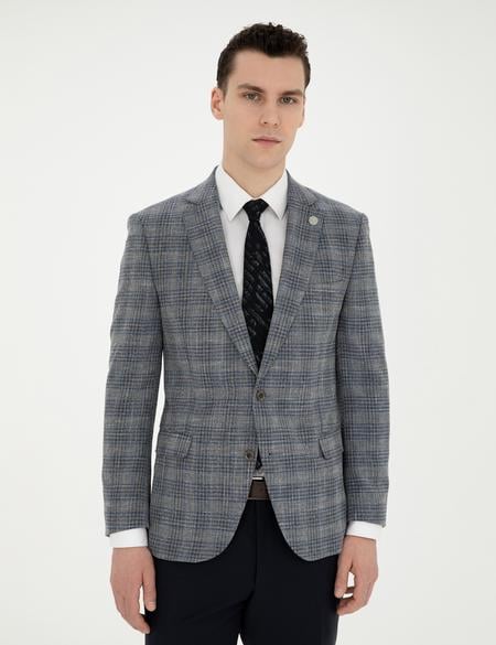 Gri Ex. Slim Fit Yün Karışımlı Ekose Ceket - 50284927014