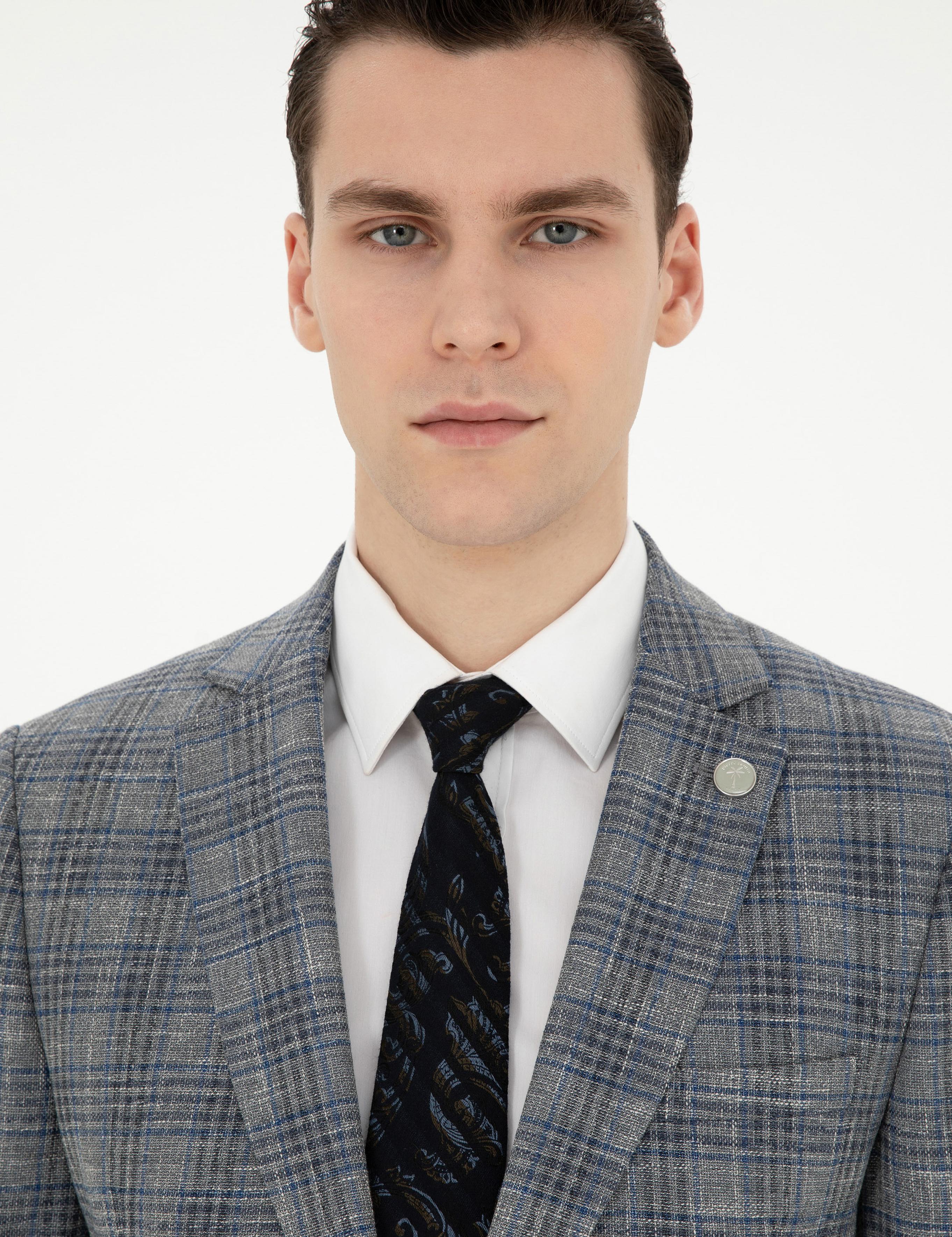 Gri Ex. Slim Fit Yün Karışımlı Ekose Ceket