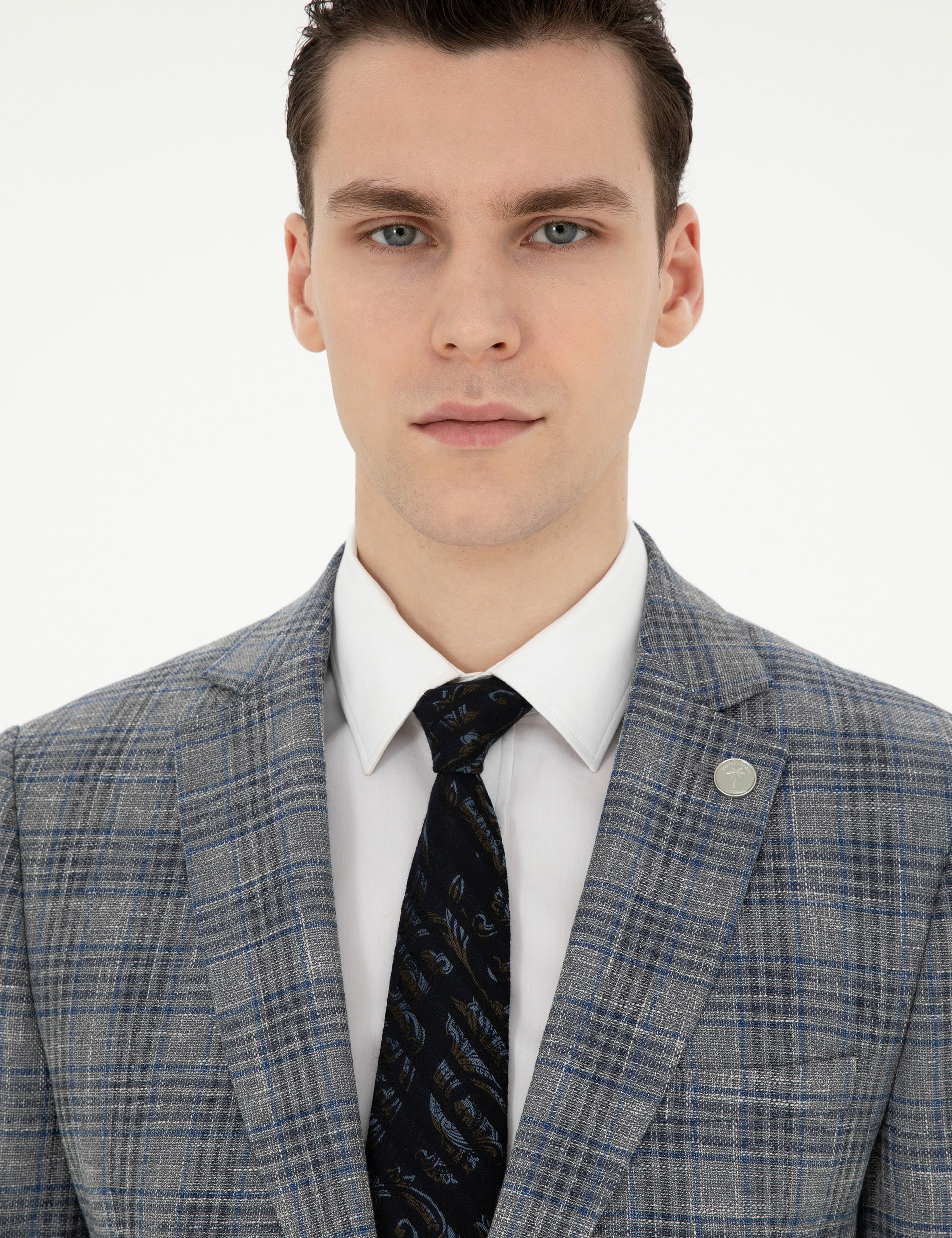 Gri Ex. Slim Fit Yün Karışımlı Ekose Ceket