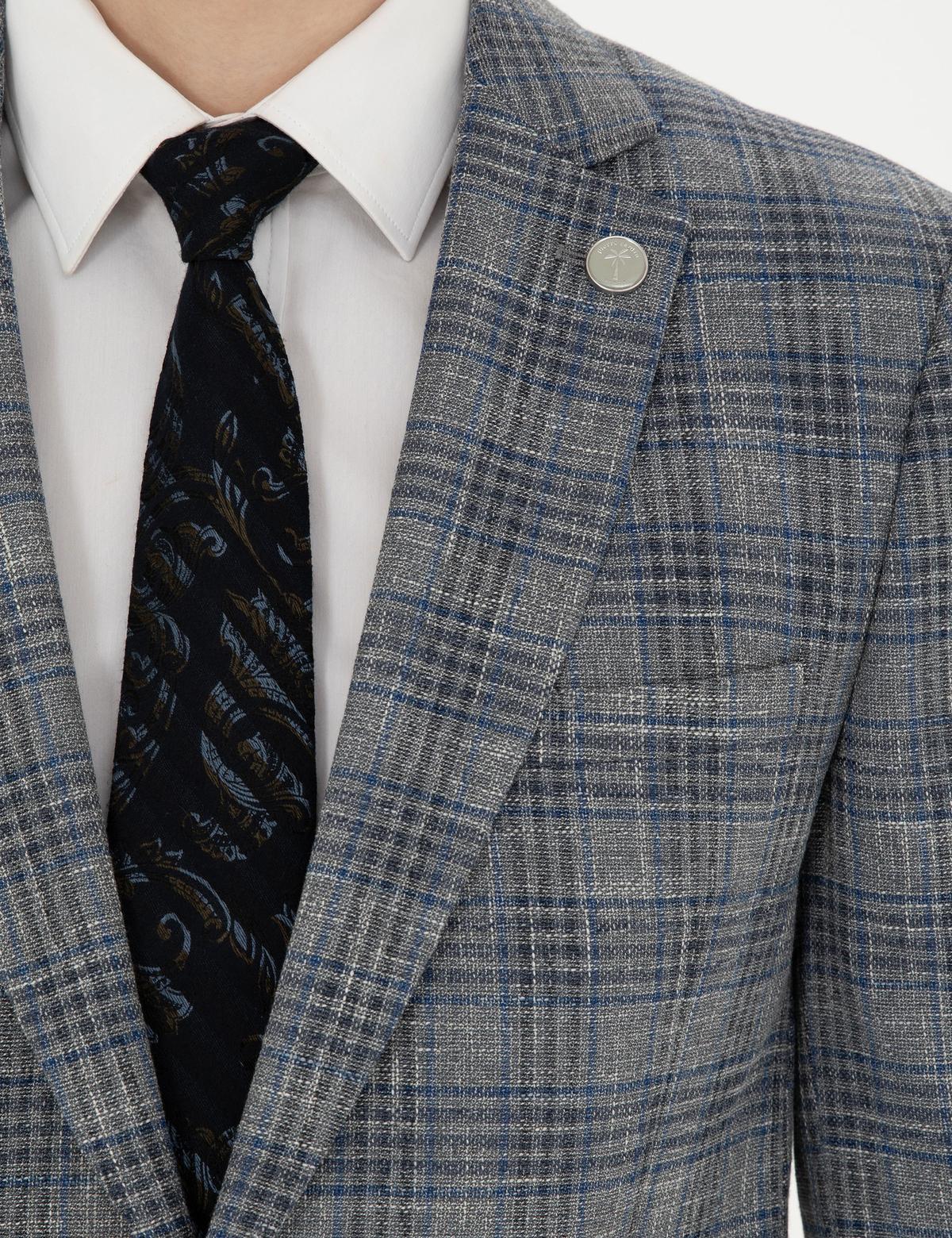 Gri Ex. Slim Fit Yün Karışımlı Ekose Ceket - 50284927014