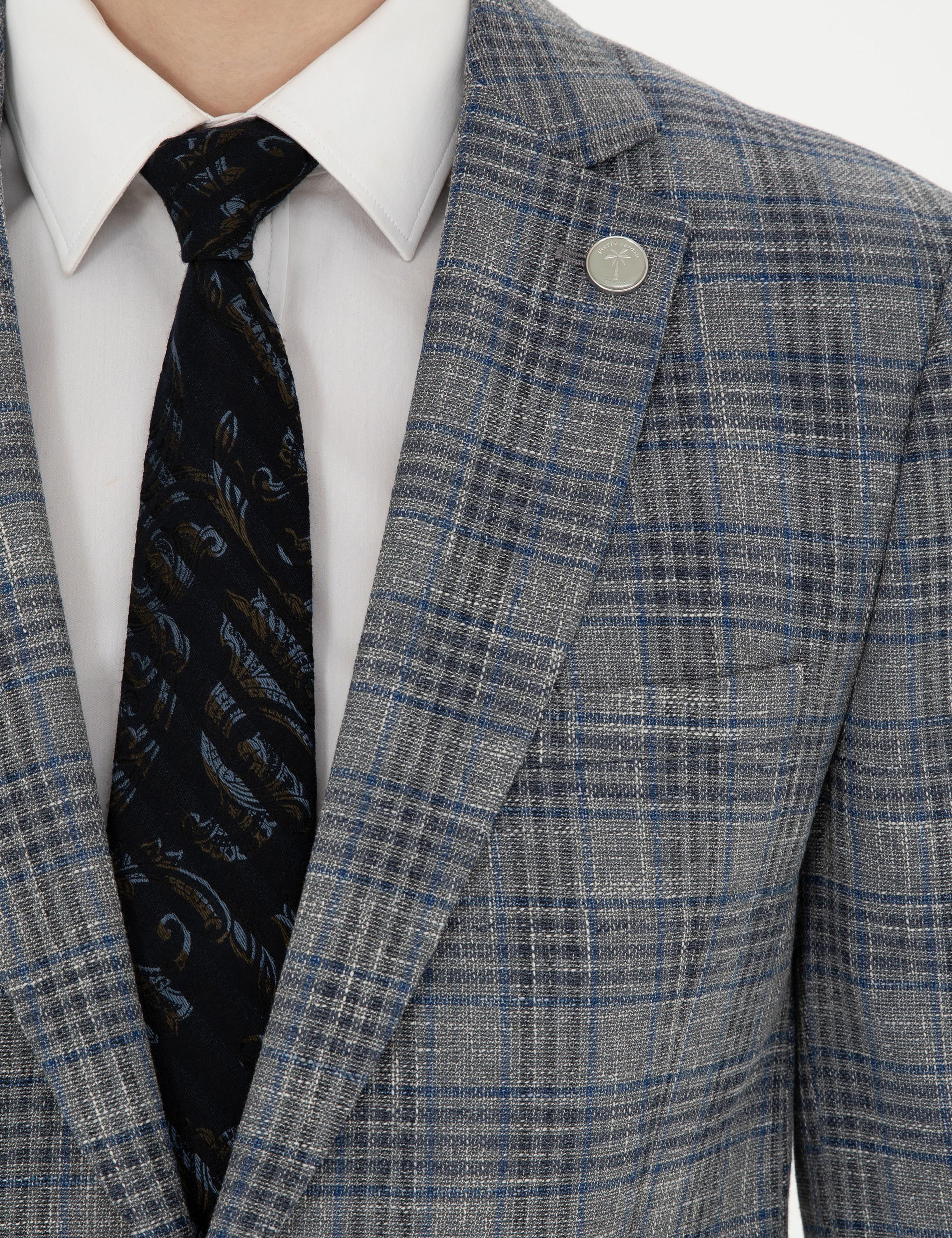 Gri Ex. Slim Fit Yün Karışımlı Ekose Ceket