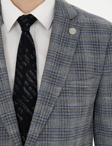 Gri Ex. Slim Fit Yün Karışımlı Ekose Ceket