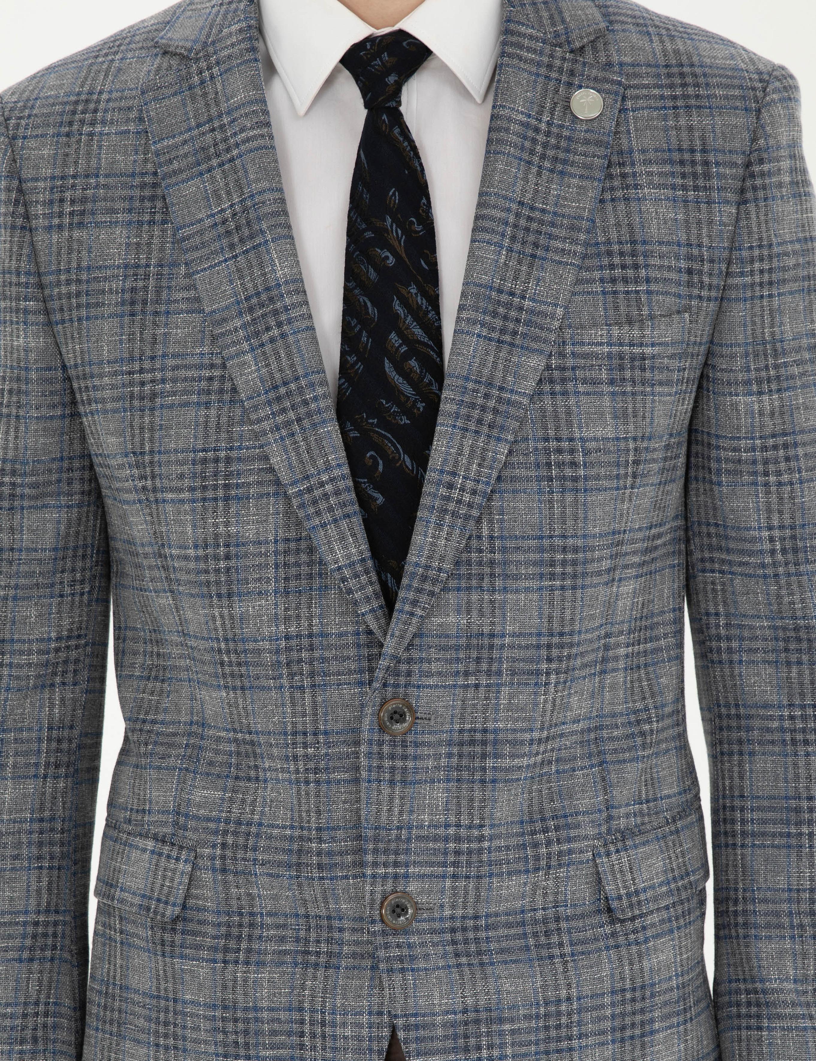 Gri Ex. Slim Fit Yün Karışımlı Ekose Ceket