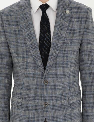 Gri Ex. Slim Fit Yün Karışımlı Ekose Ceket
