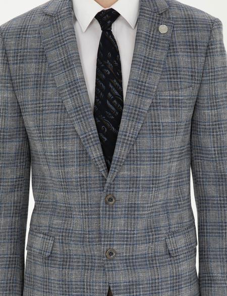 Gri Ex. Slim Fit Yün Karışımlı Ekose Ceket - 50284927014