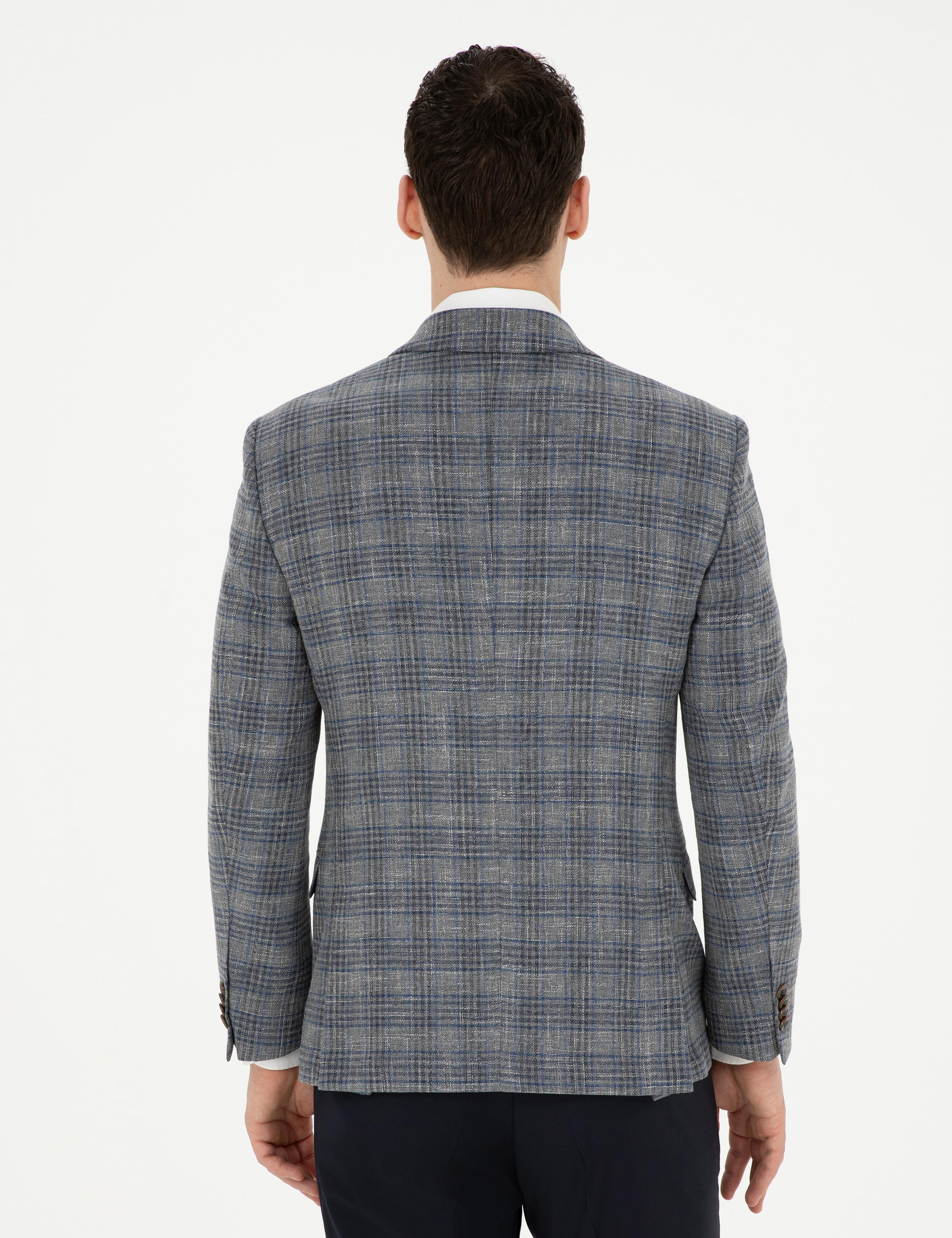 Gri Ex. Slim Fit Yün Karışımlı Ekose Ceket