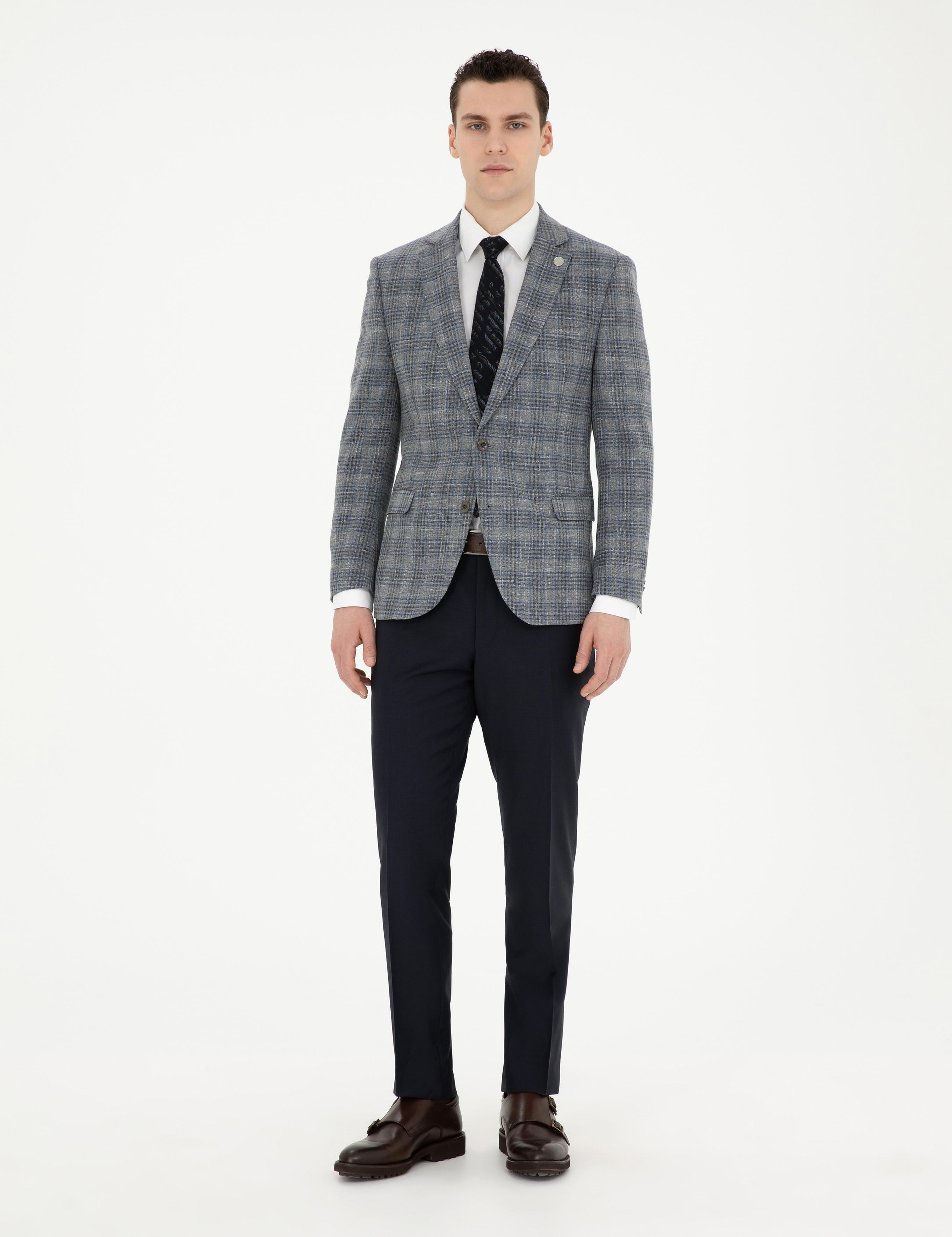 Gri Ex. Slim Fit Yün Karışımlı Ekose Ceket