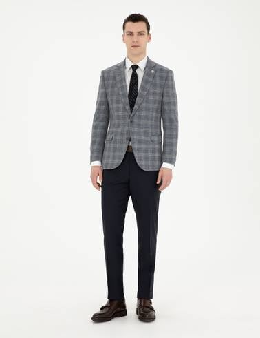 Gri Ex. Slim Fit Yün Karışımlı Ekose Ceket