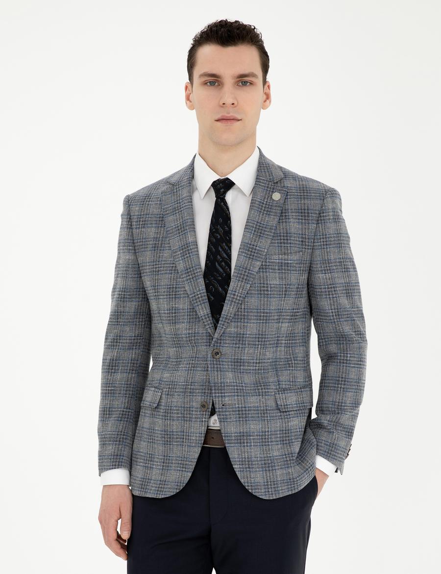 Gri Ex. Slim Fit Yün Karışımlı Ekose Ceket