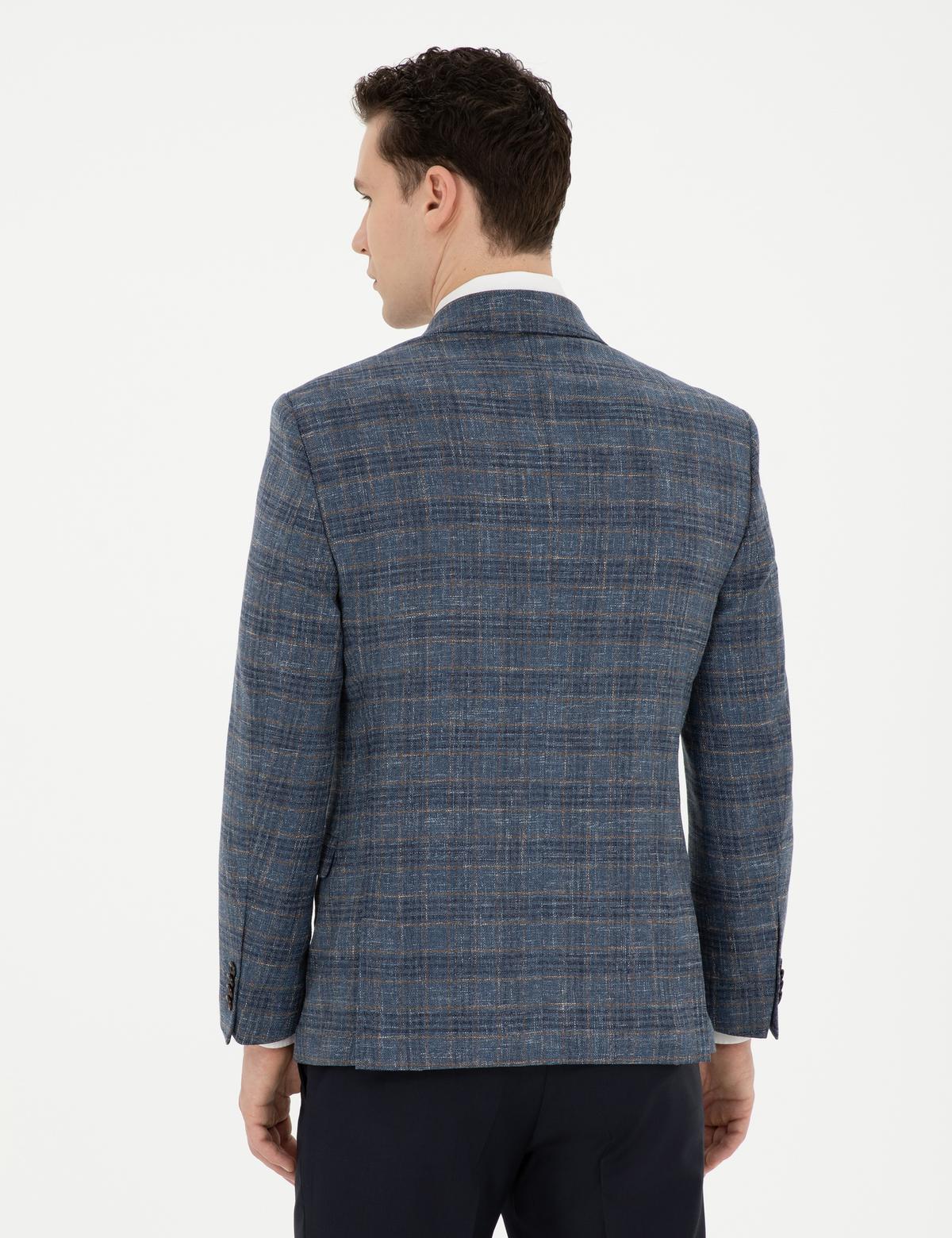 Lacivert Ex. Slim Fit Yün Karışımlı Ekose Ceket - 50284927047