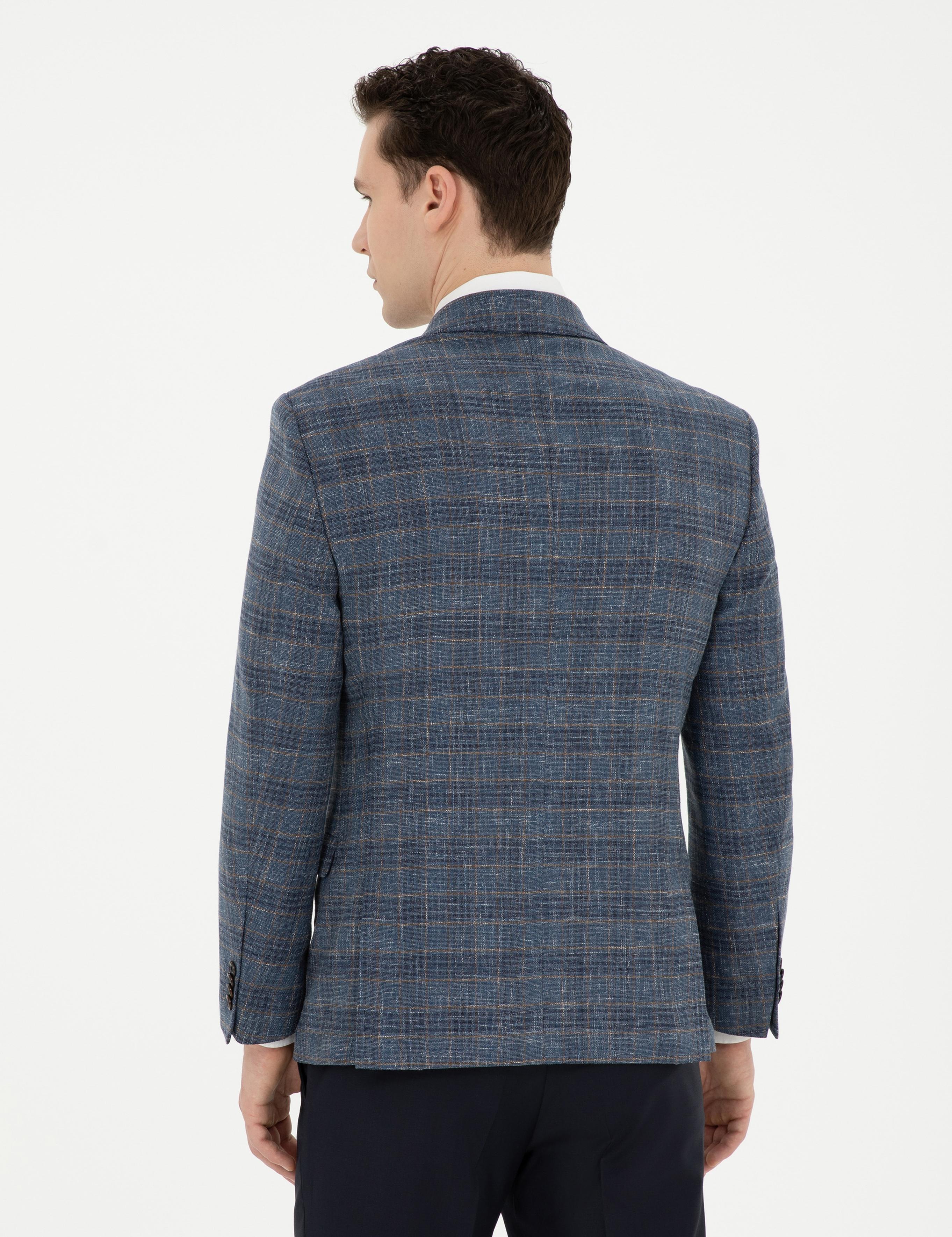 Lacivert Ex. Slim Fit Yün Karışımlı Ekose Ceket