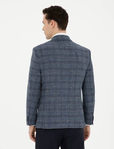 Lacivert Ex. Slim Fit Yün Karışımlı Ekose Ceket