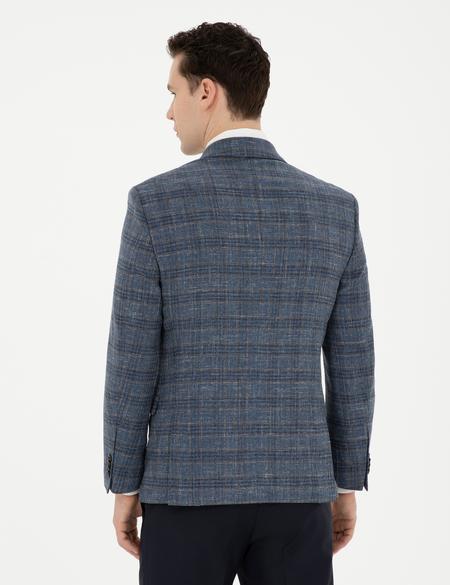 Lacivert Ex. Slim Fit Yün Karışımlı Ekose Ceket - 50284927047