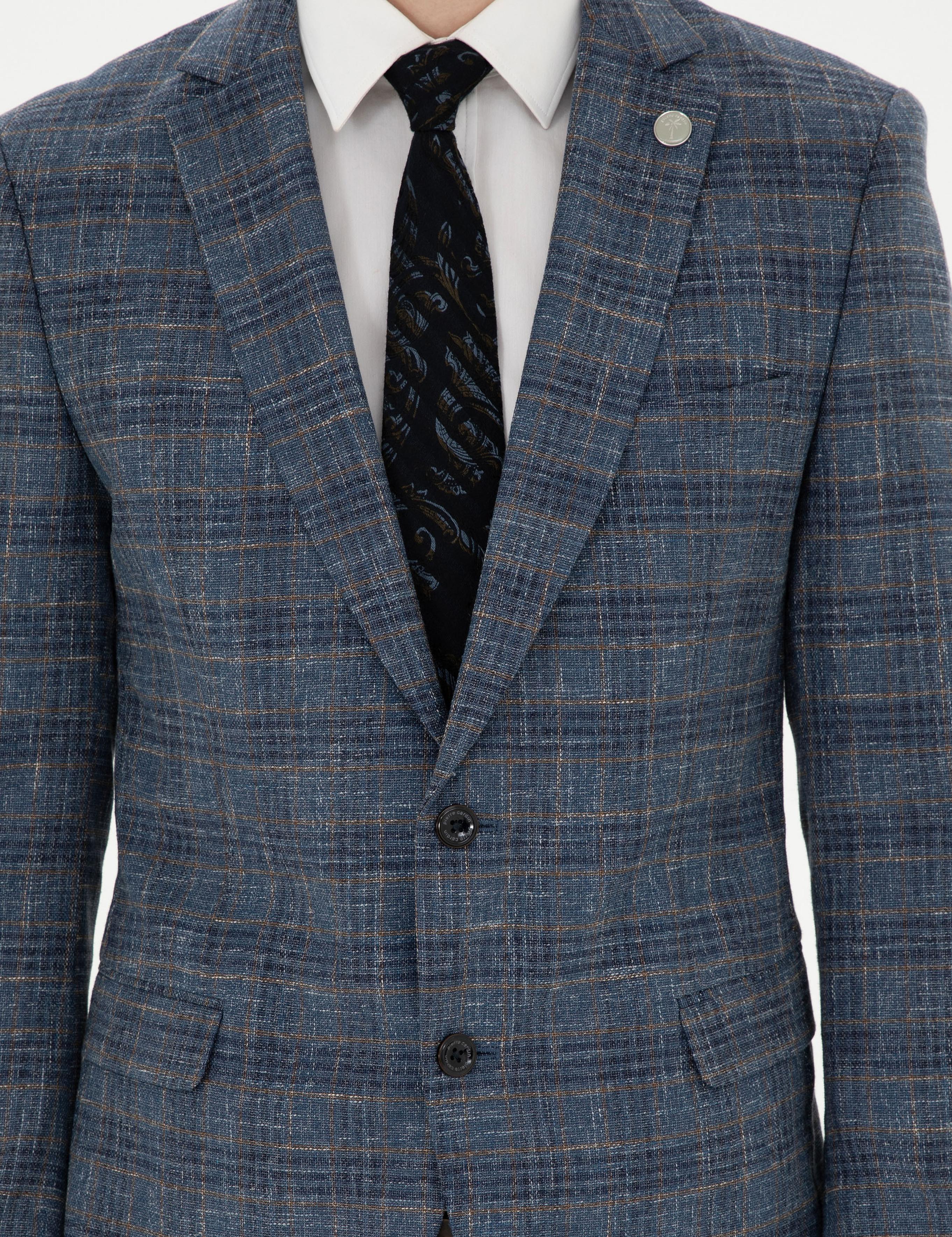 Lacivert Ex. Slim Fit Yün Karışımlı Ekose Ceket