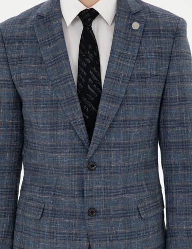 Lacivert Ex. Slim Fit Yün Karışımlı Ekose Ceket