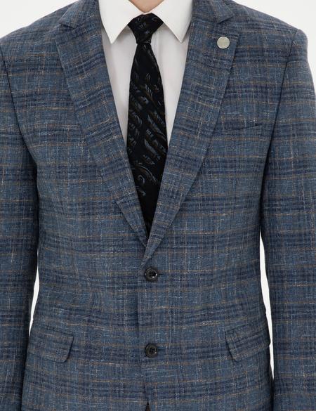 Lacivert Ex. Slim Fit Yün Karışımlı Ekose Ceket - 50284927047