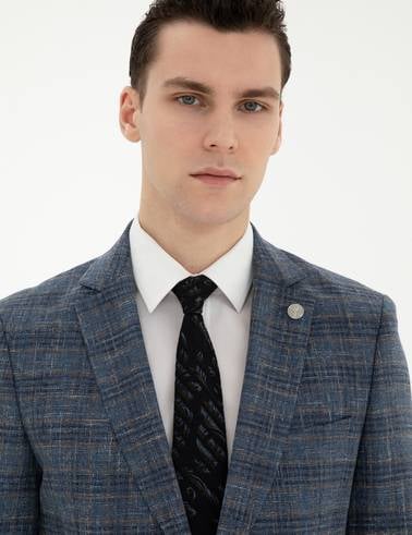 Lacivert Ex. Slim Fit Yün Karışımlı Ekose Ceket