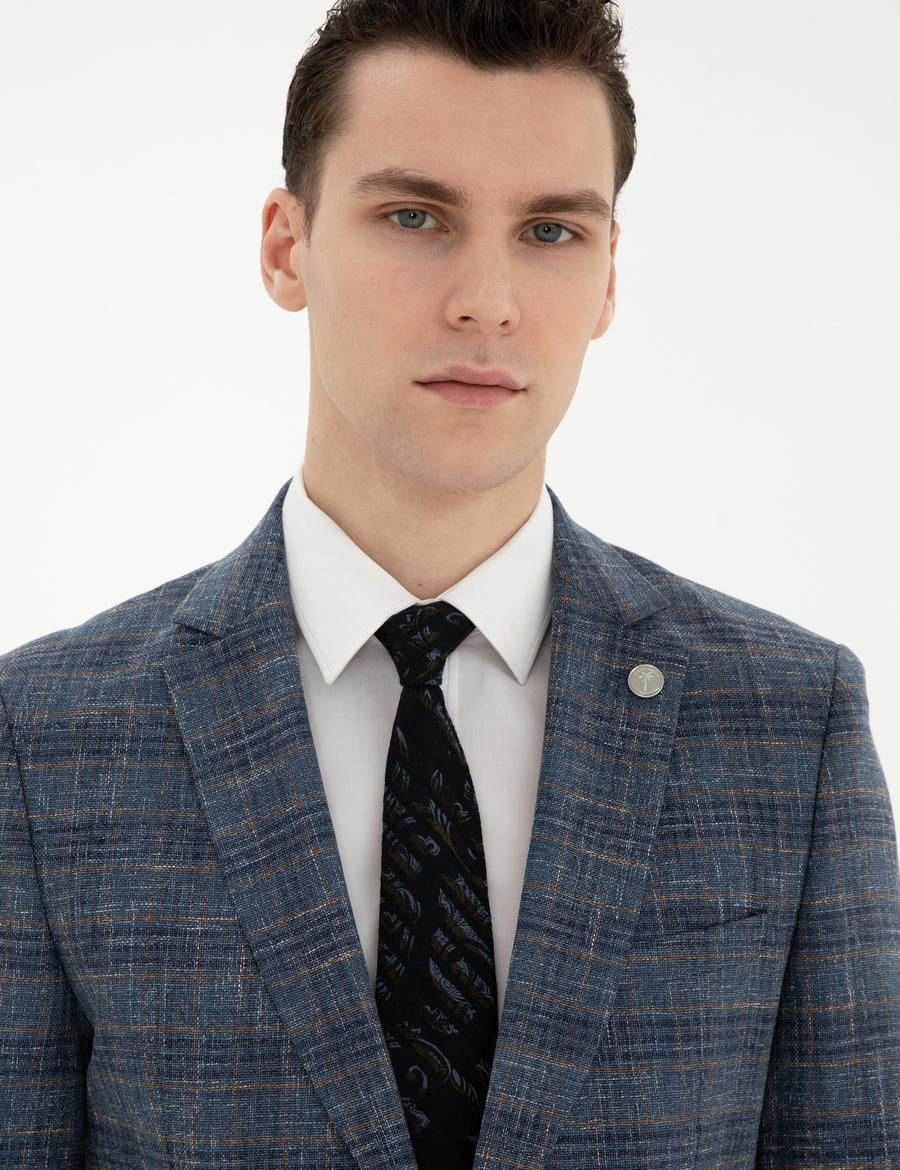 Lacivert Ex. Slim Fit Yün Karışımlı Ekose Ceket