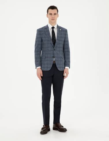 Lacivert Ex. Slim Fit Yün Karışımlı Ekose Ceket