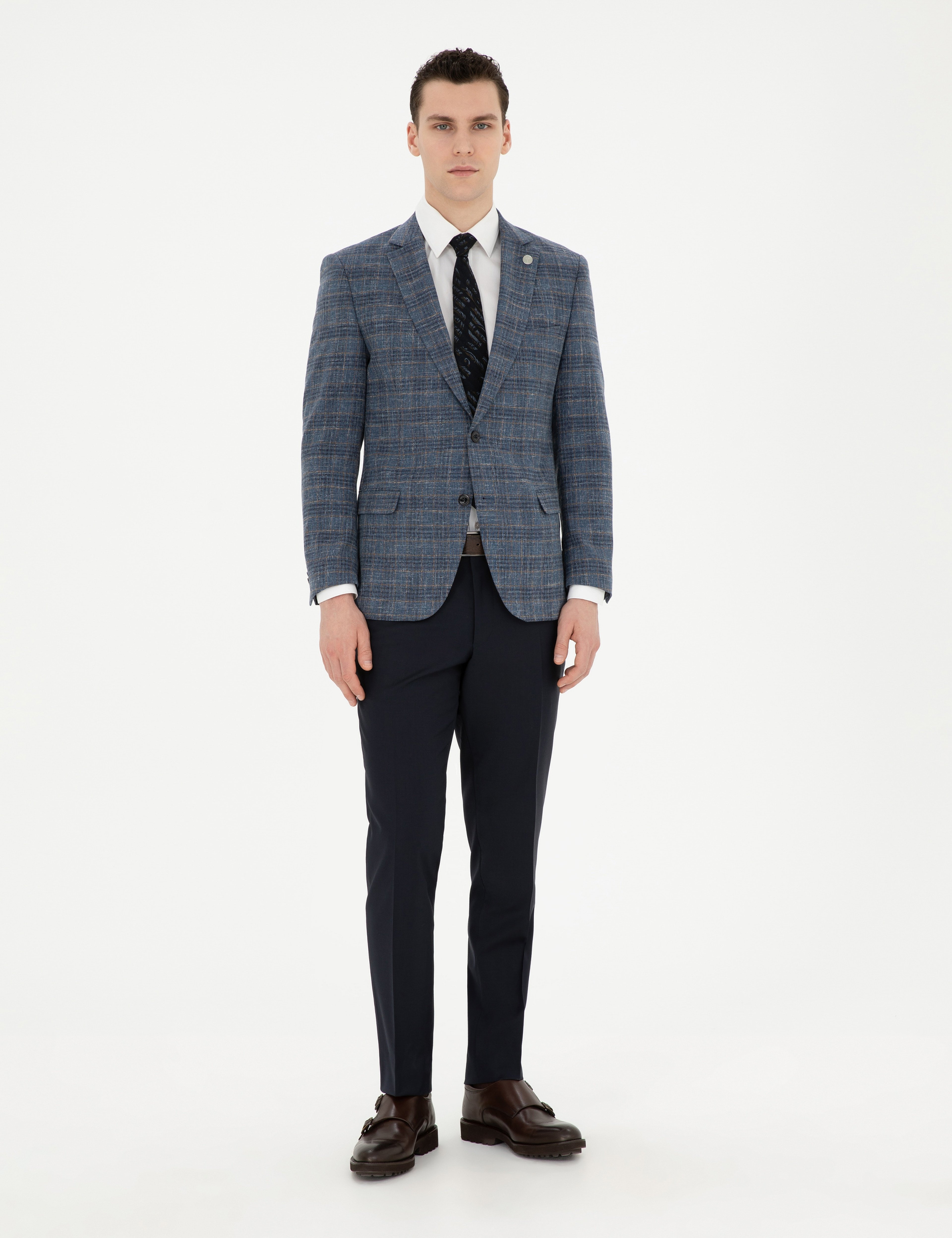 Lacivert Ex. Slim Fit Yün Karışımlı Ekose Ceket