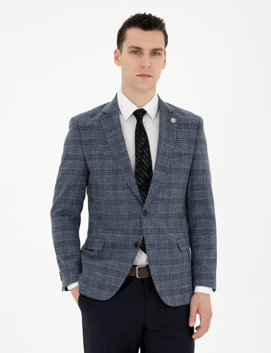 Lacivert Ex. Slim Fit Yün Karışımlı Ekose Ceket