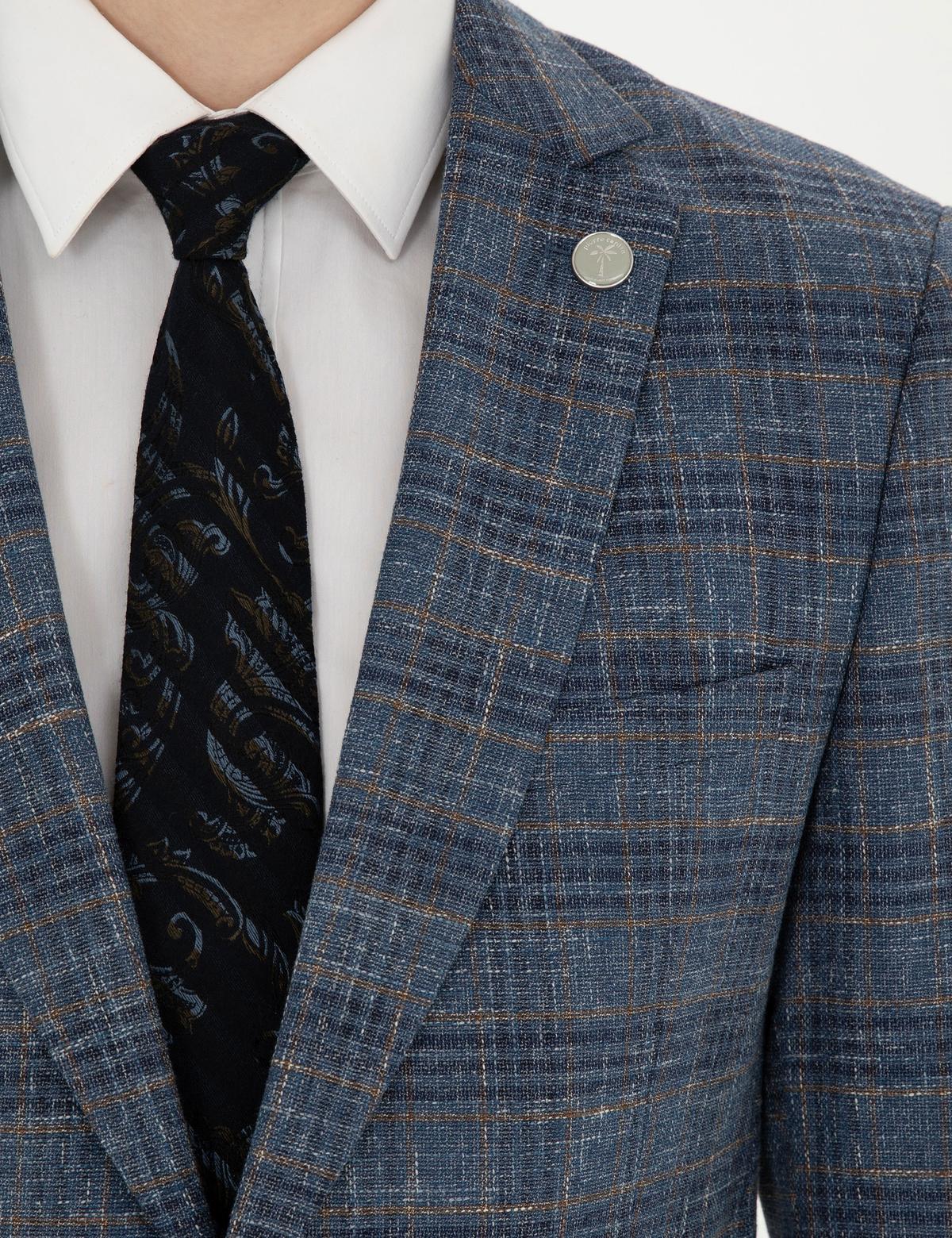 Lacivert Ex. Slim Fit Yün Karışımlı Ekose Ceket - 50284927047