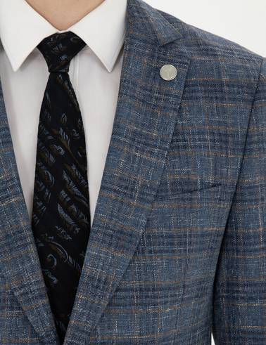 Lacivert Ex. Slim Fit Yün Karışımlı Ekose Ceket