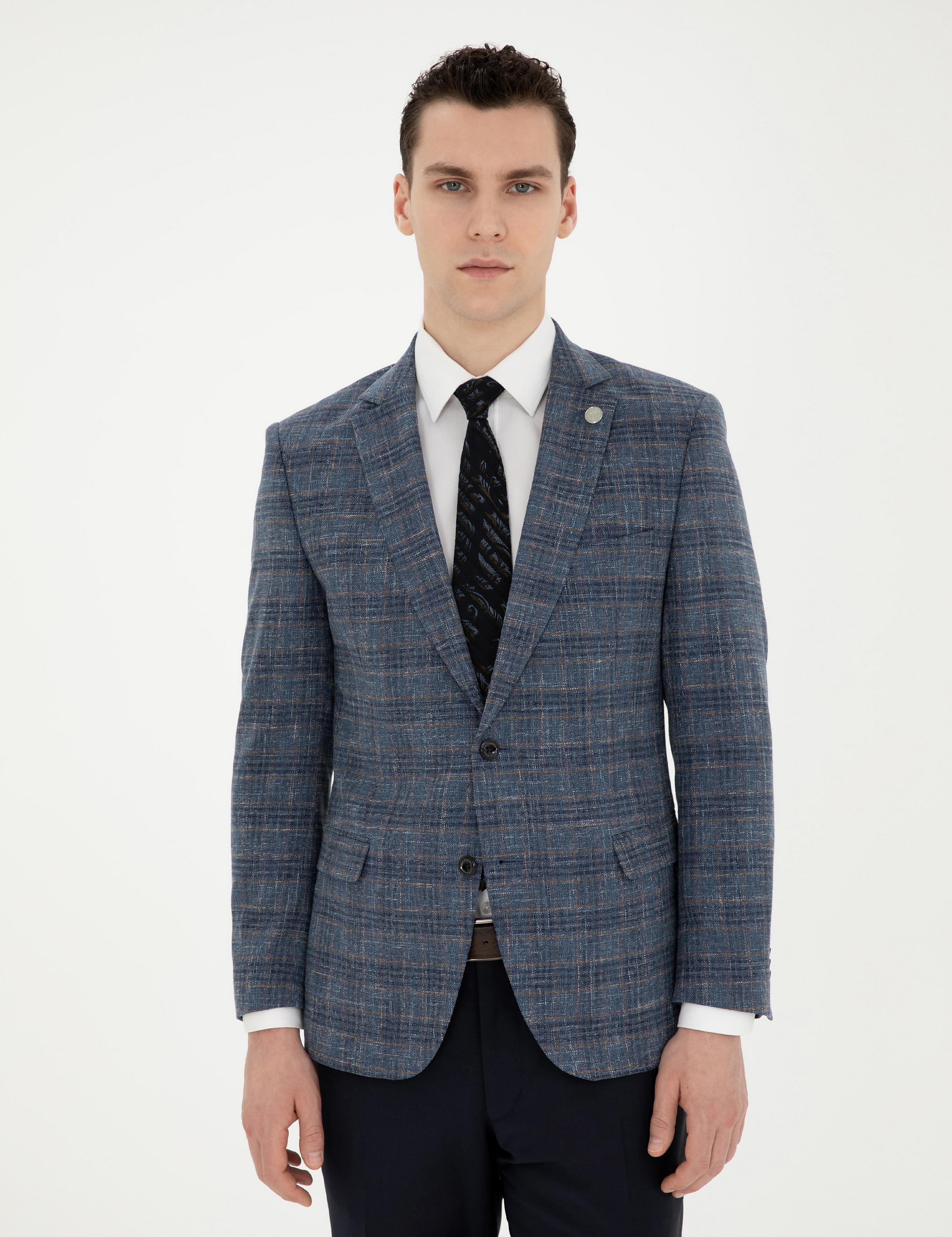 Lacivert Ex. Slim Fit Yün Karışımlı Ekose Ceket