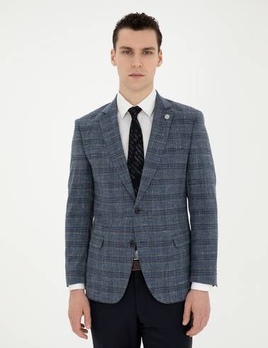 Lacivert Ex. Slim Fit Yün Karışımlı Ekose Ceket