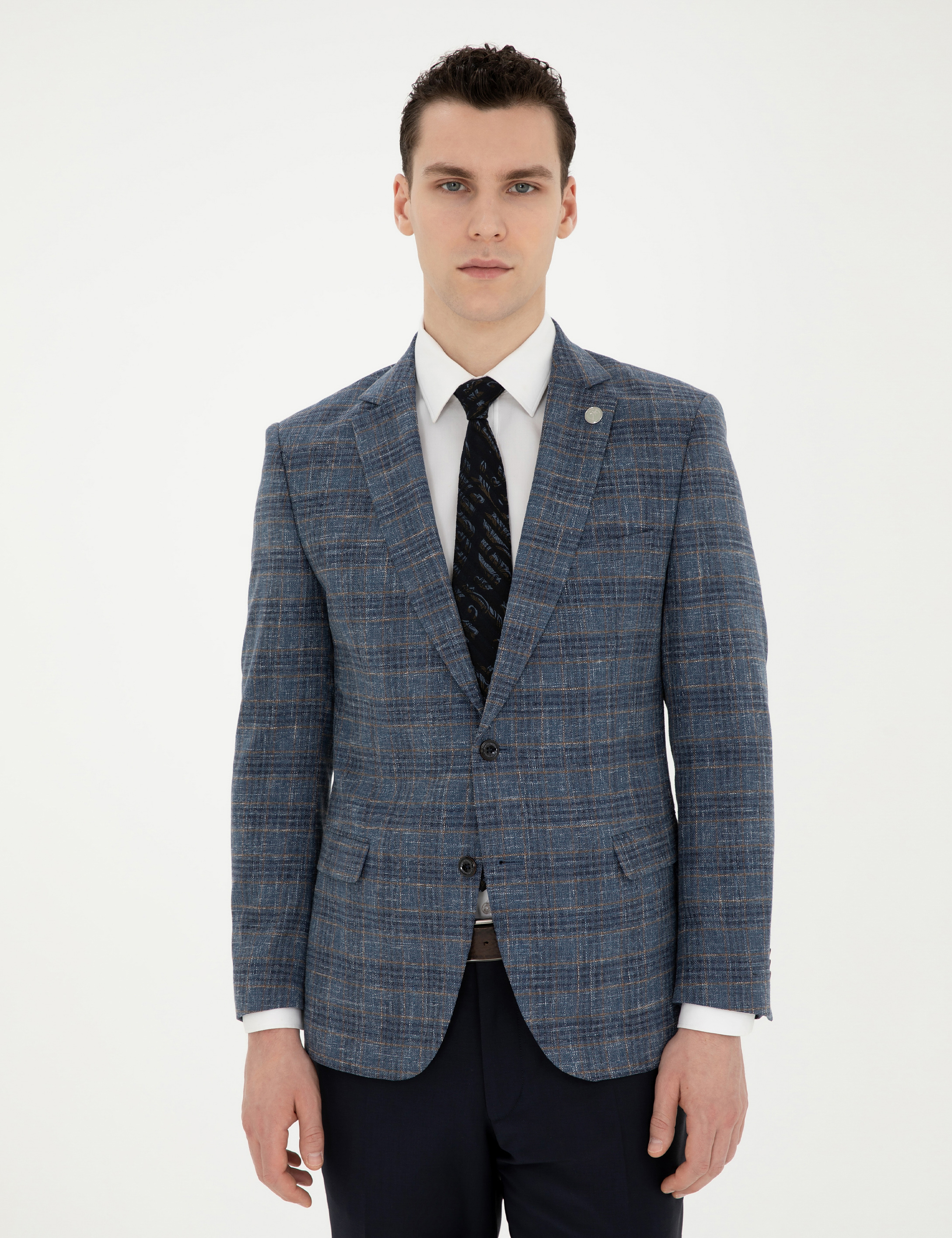 Lacivert Ex. Slim Fit Yün Karışımlı Ekose Ceket - Image 3