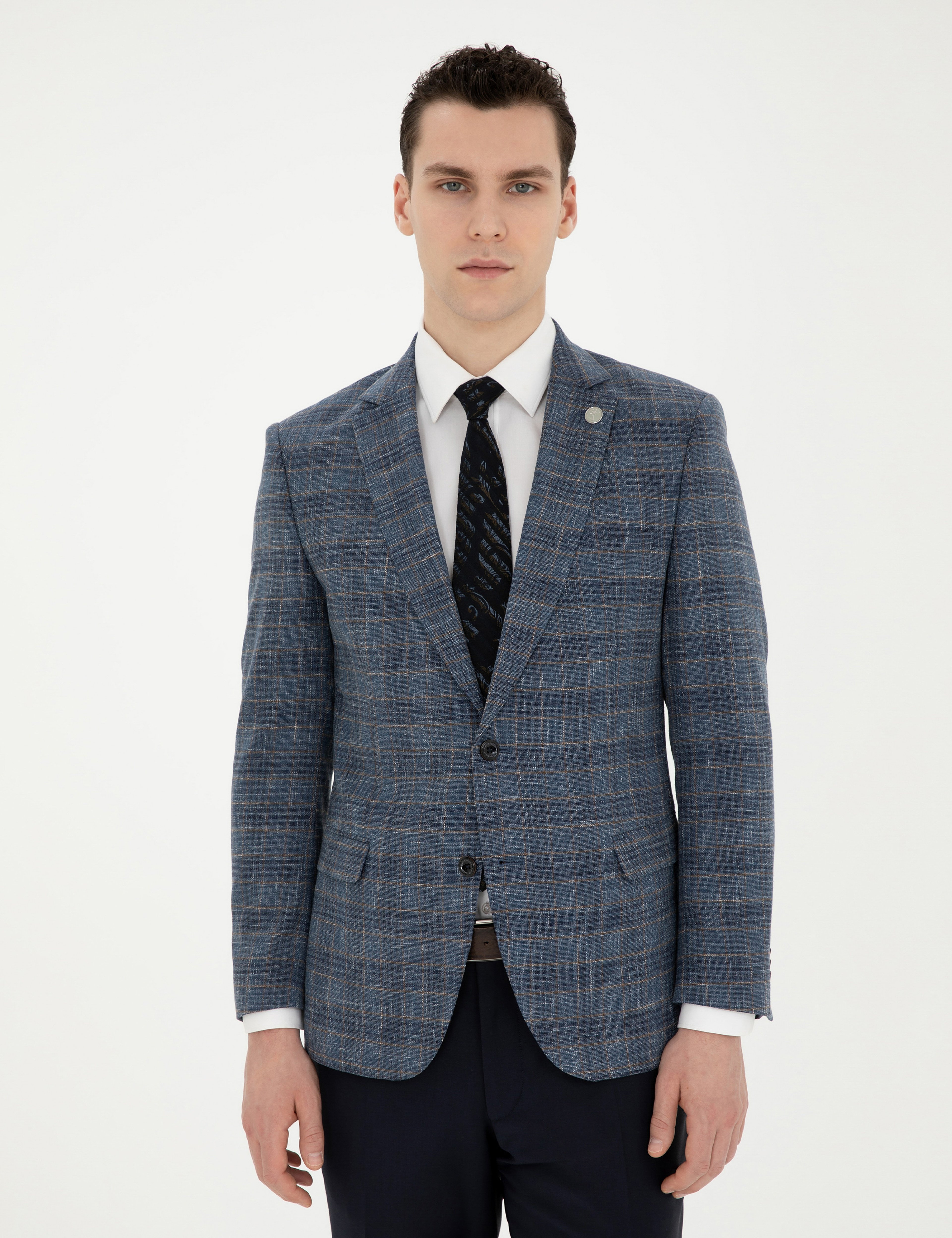 Lacivert Ex. Slim Fit Yün Karışımlı Ekose Ceket