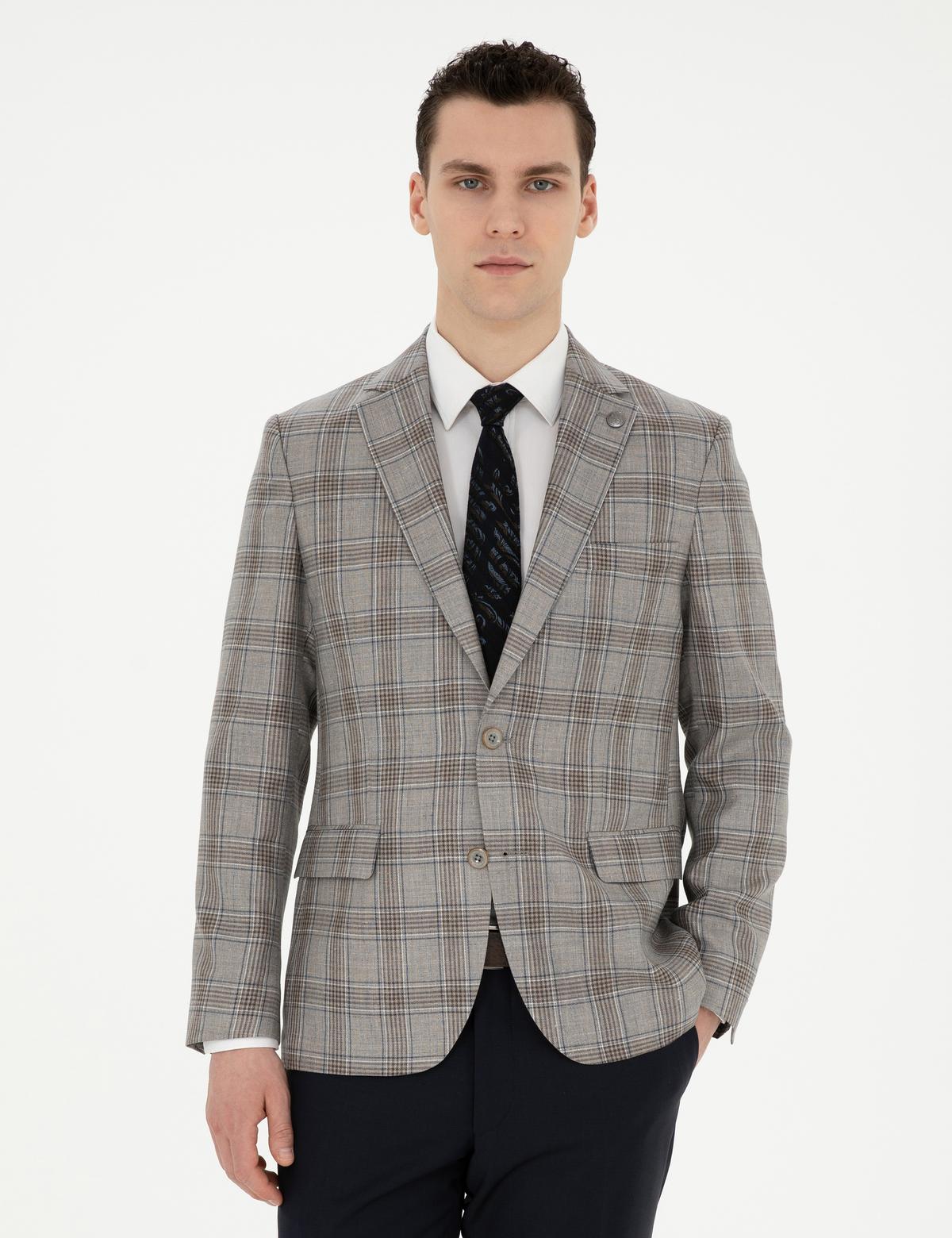 Açık Kahverengi Slim Fit Yün İpek Karışımlı Ceket