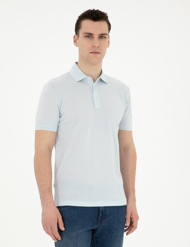 Açık Mavi Slim Fit %100 Pamuk Merserize Düğmeli Polo Yaka Basic Tişört