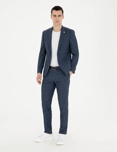 Lacivert Extra Slim Fit Yün Keten Karışımlı Takım Elbise