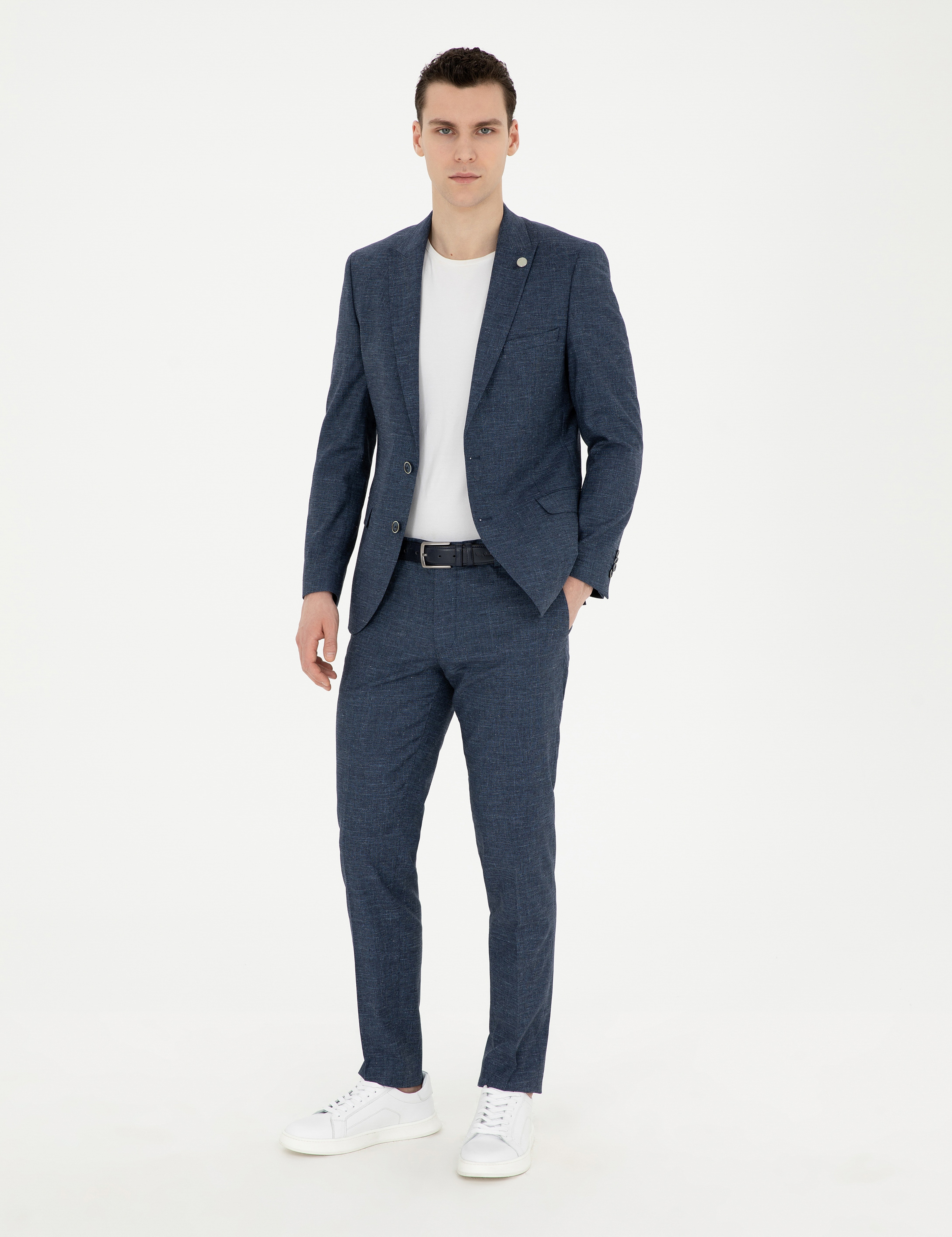 Lacivert Extra Slim Fit Yün Keten Karışımlı Takım Elbise - Image 3