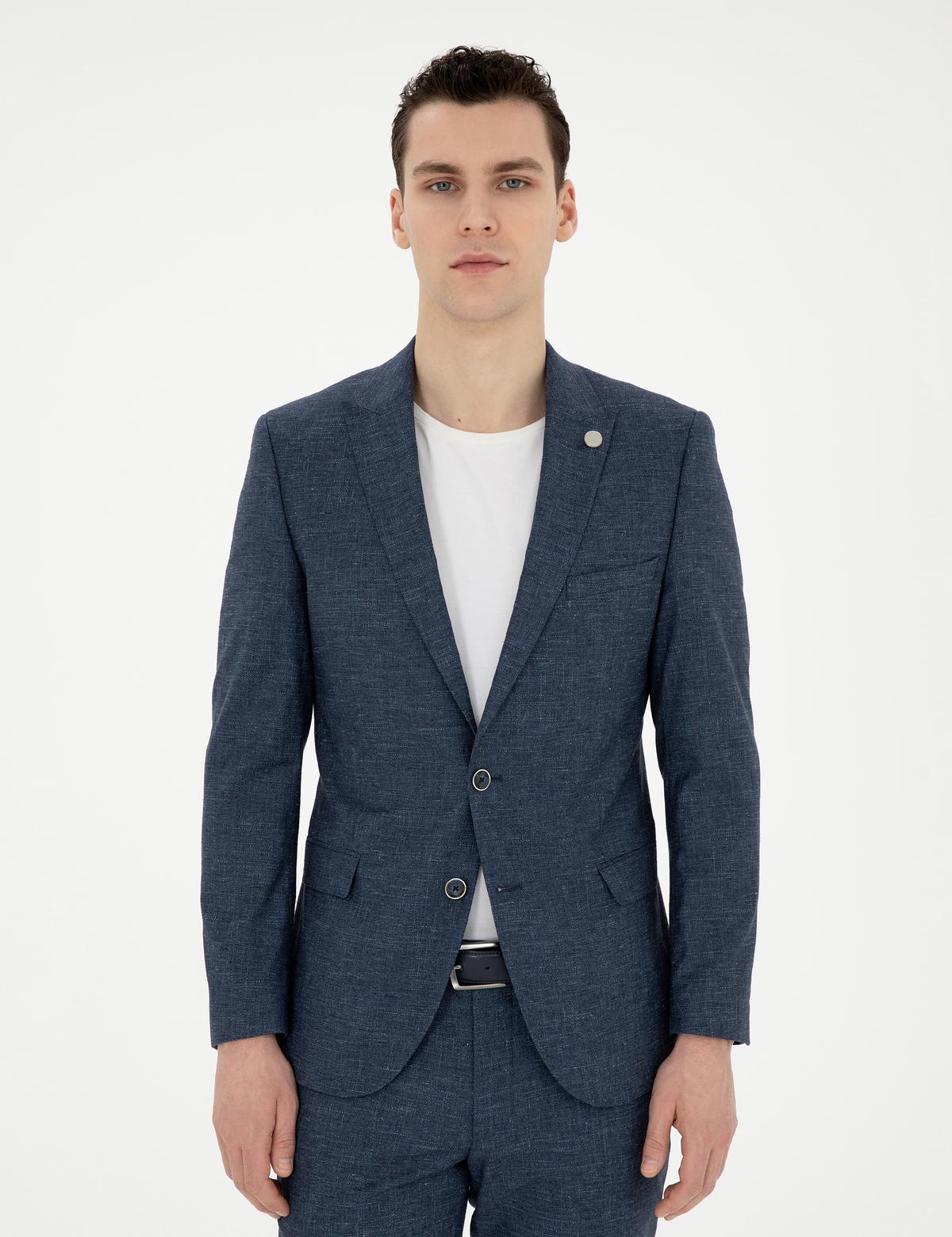 Lacivert Ex. Slim Fit Yün Keten Karışımlı Takım Elbise - 50285387005