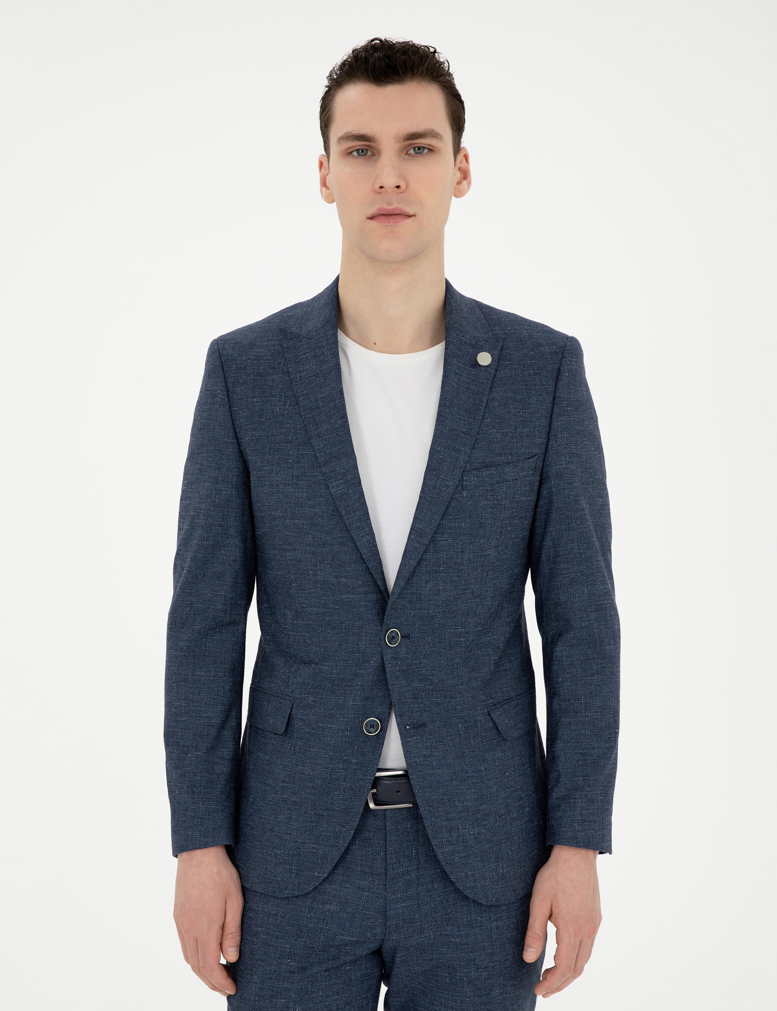 Lacivert Ex. Slim Fit Yün Keten Karışımlı Takım Elbise