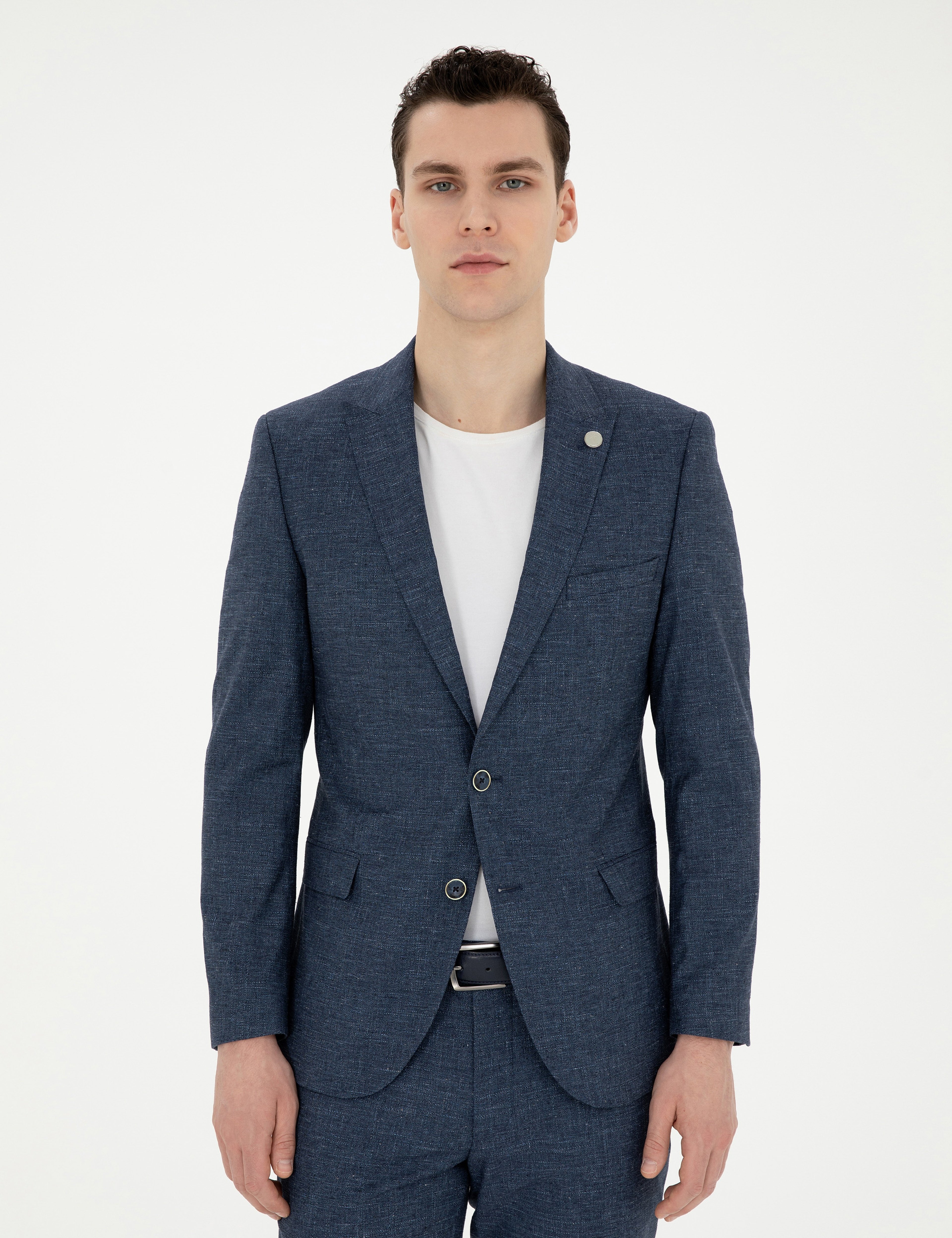 Lacivert Extra Slim Fit Yün Keten Karışımlı Takım Elbise