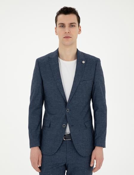 Lacivert Ex. Slim Fit Yün Keten Karışımlı Takım Elbise - 50285387005