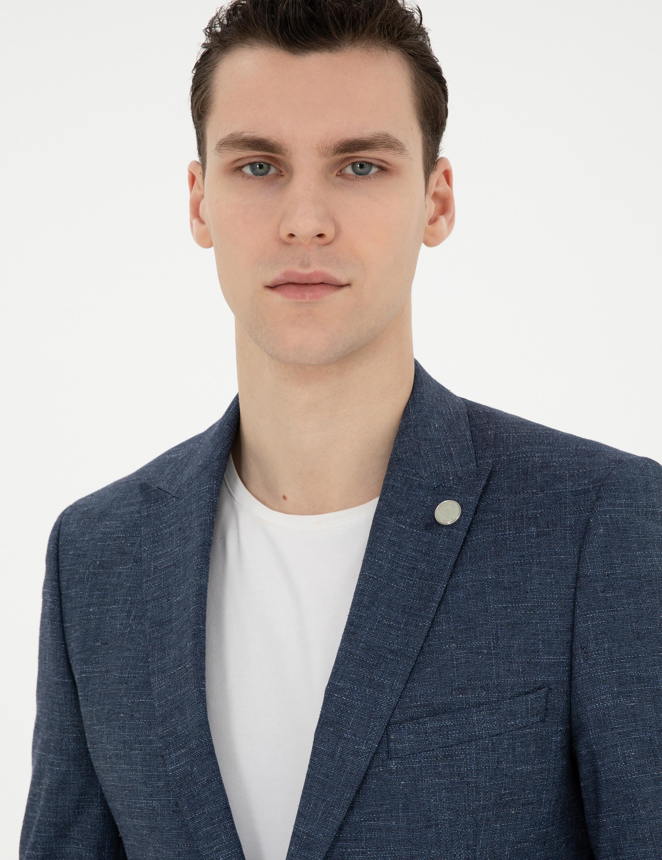 Lacivert Ex. Slim Fit Yün Keten Karışımlı Takım Elbise