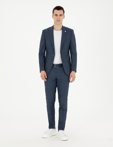 Lacivert Extra Slim Fit Yün Keten Karışımlı Takım Elbise
