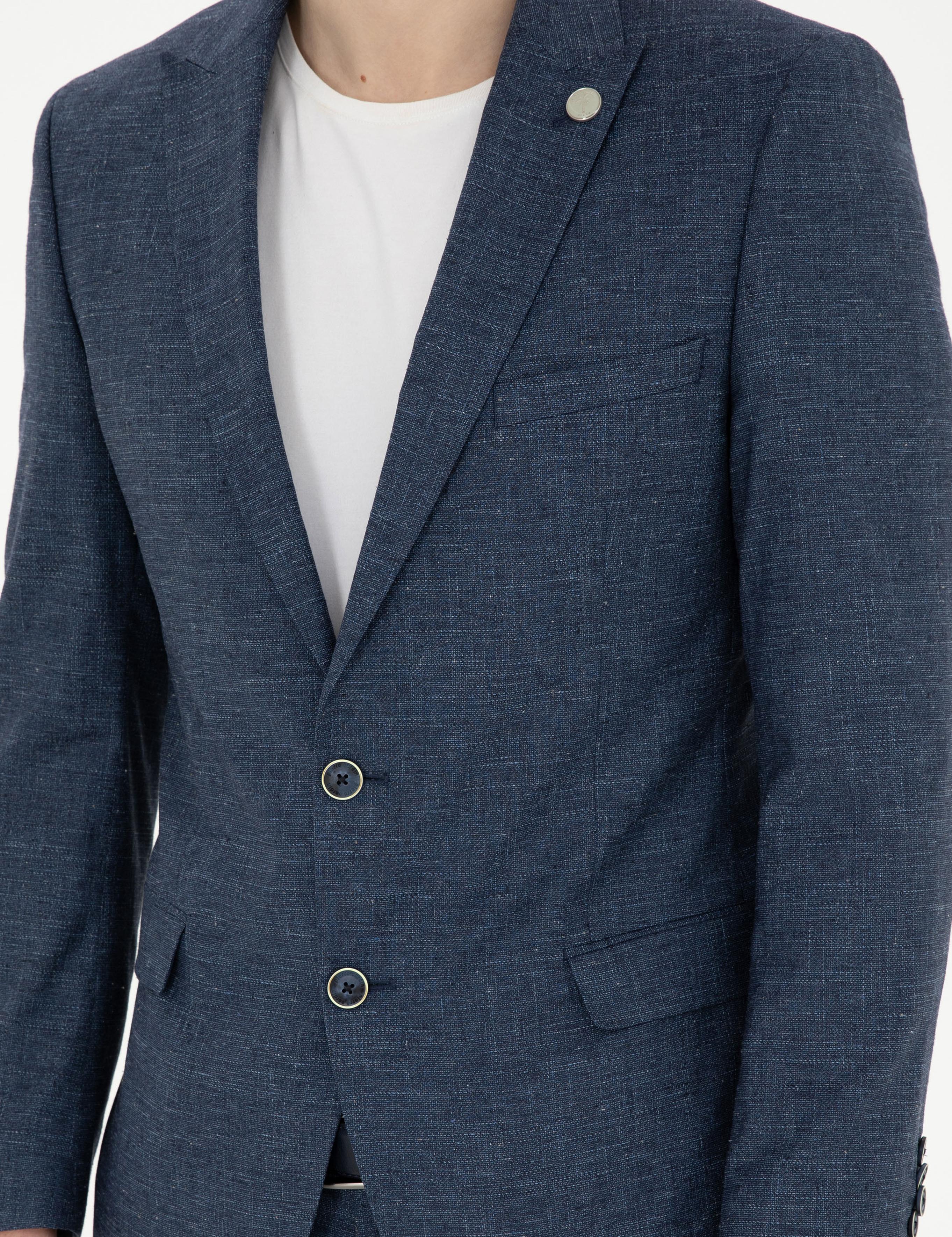 Lacivert Ex. Slim Fit Yün Keten Karışımlı Takım Elbise