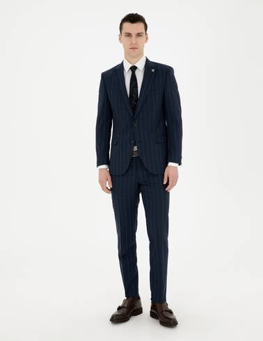 Lacivert Extra Slim Fit Çizgili Yün Takım Elbise