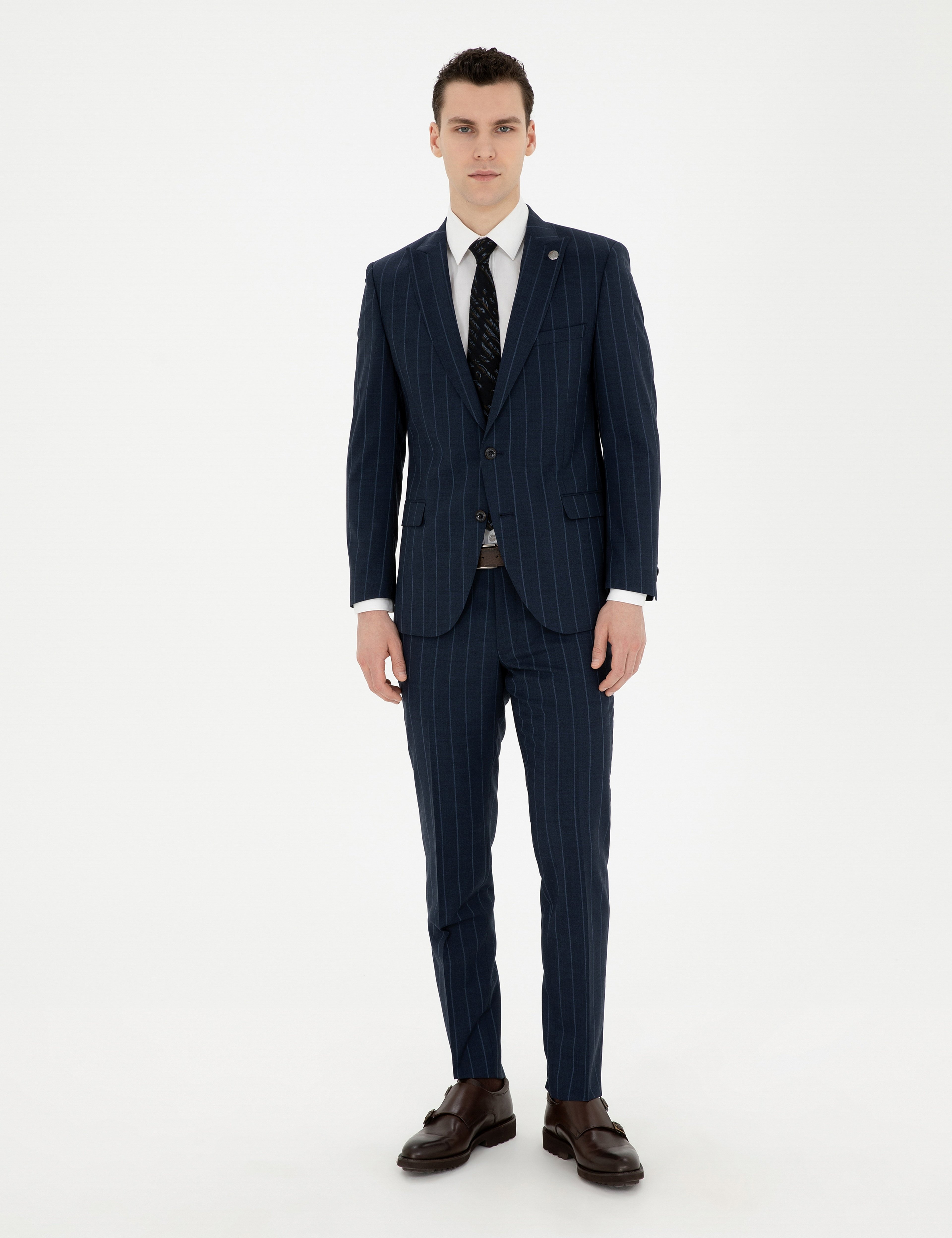 Lacivert Extra Slim Fit Çizgili Yün Takım Elbise - Image 1