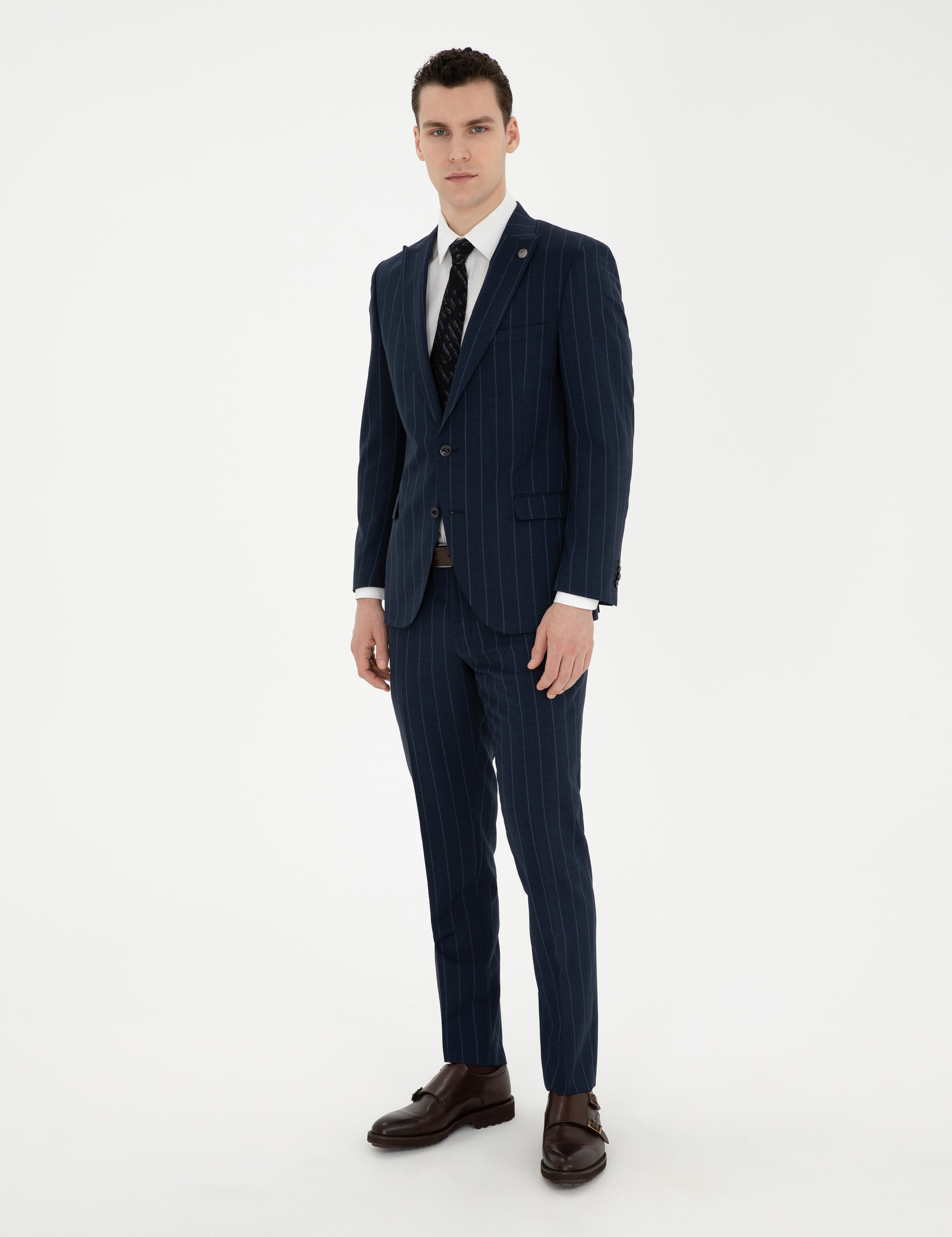 Lacivert Ex. Slim Fit Çizgili Yün Takım Elbise