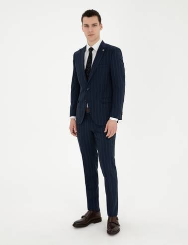 Lacivert Extra Slim Fit Çizgili Yün Takım Elbise