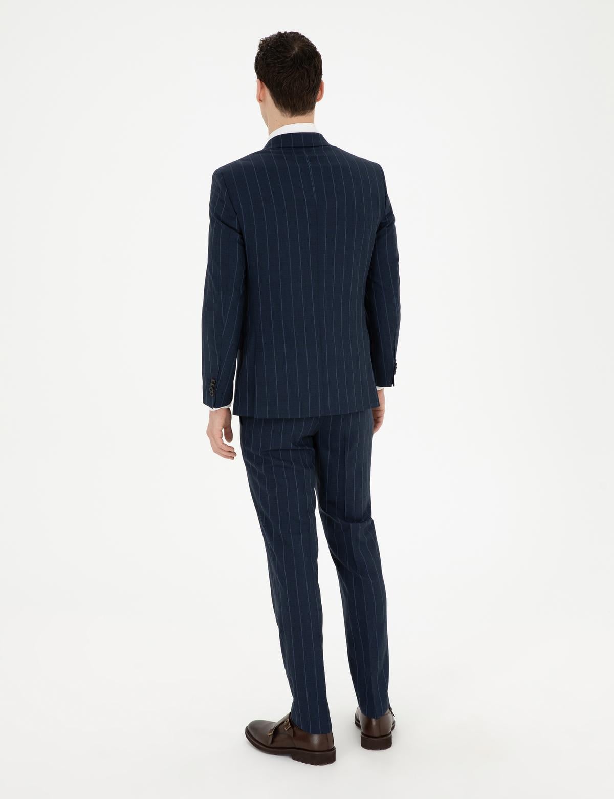 Lacivert Ex. Slim Fit Çizgili Yün Takım Elbise - 50285254017