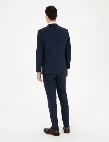 Lacivert Extra Slim Fit Çizgili Yün Takım Elbise