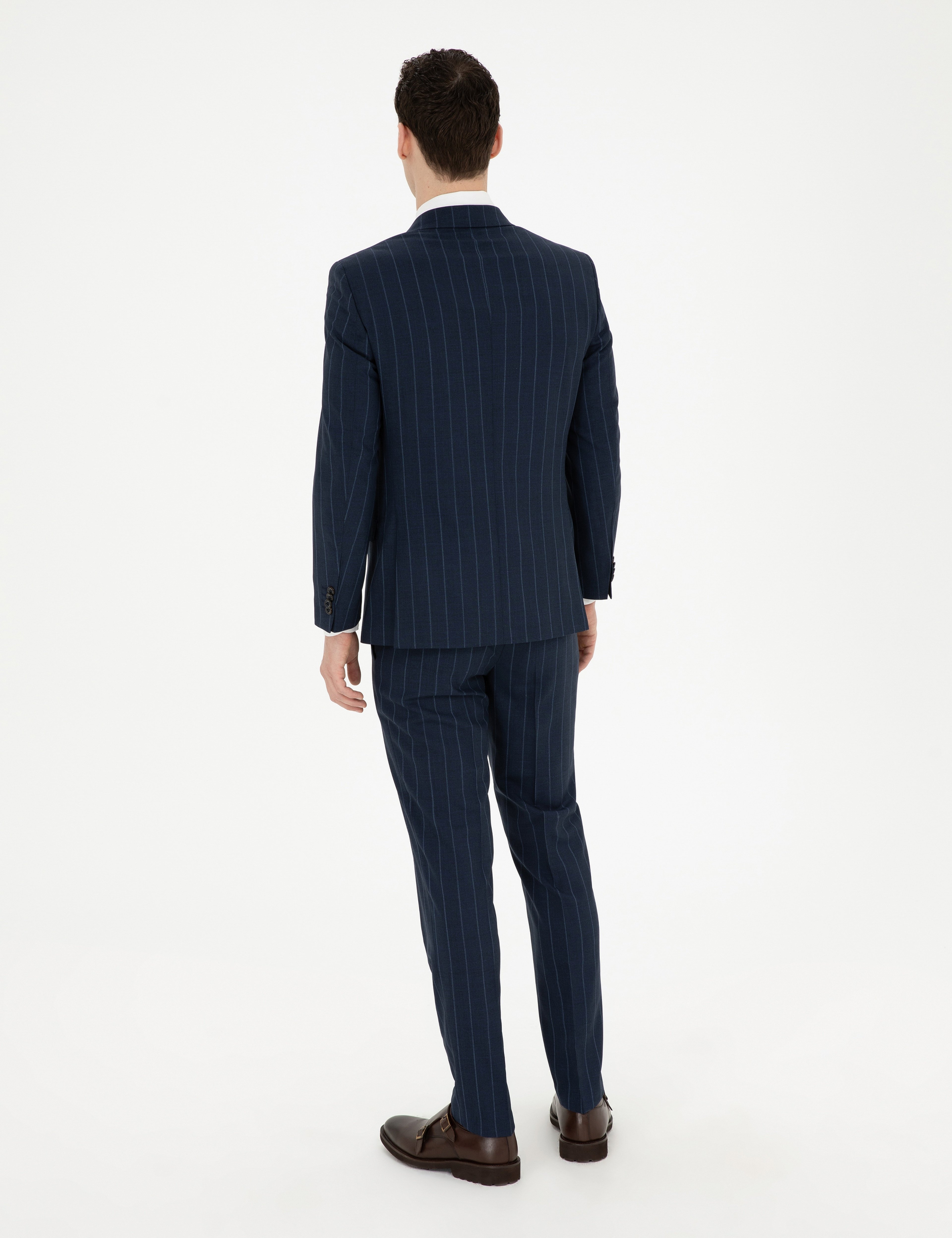 Lacivert Extra Slim Fit Çizgili Yün Takım Elbise - Image 5